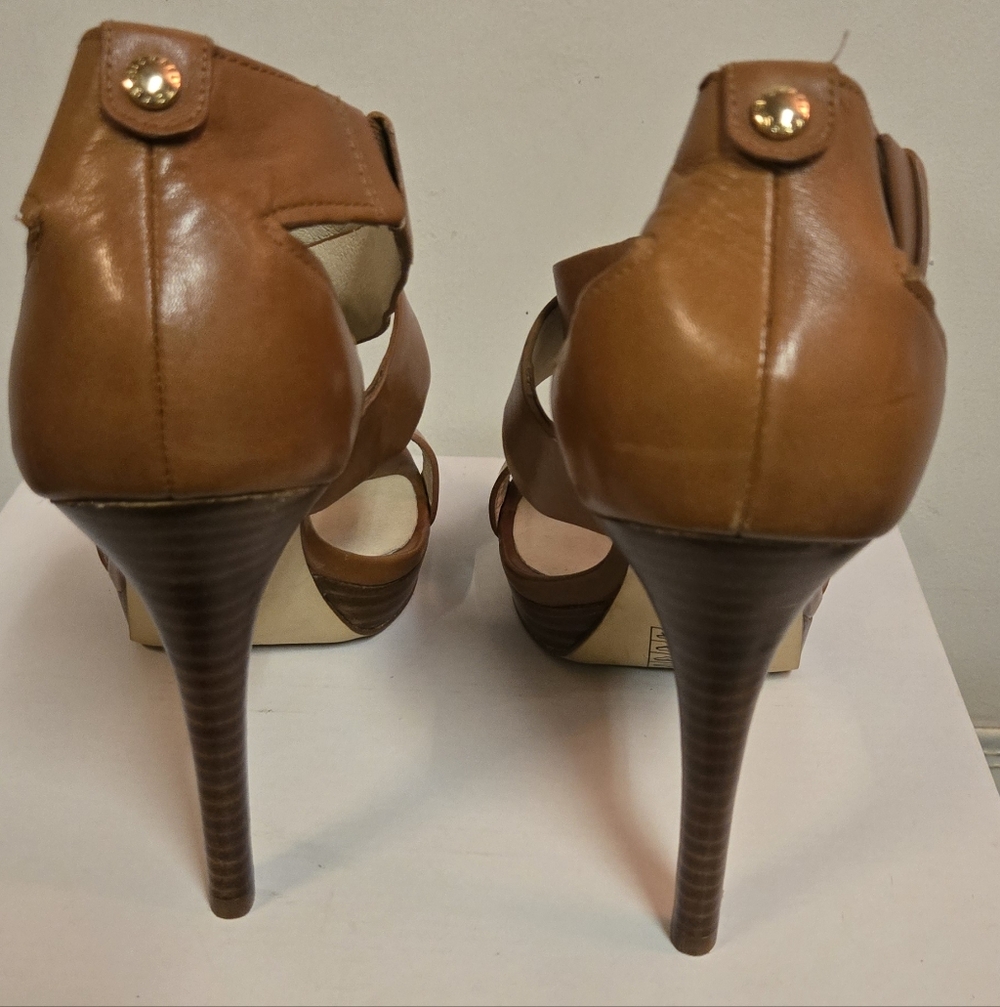 Michael Kors Tan Leather High Heel Sandals with Ankle Strap - Picture 3 of 5